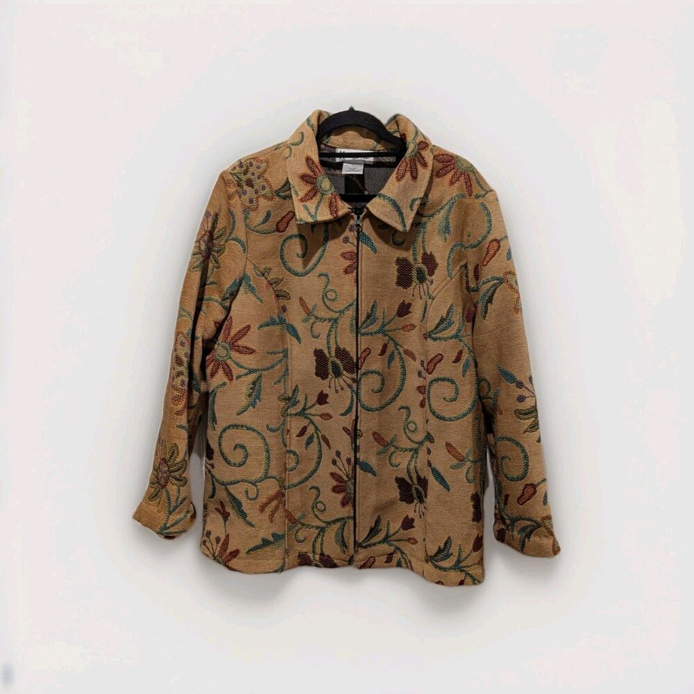 Cottagecore Vintage Maggie Sweet Large Brown Floral Tapestry Zip Jacket Office